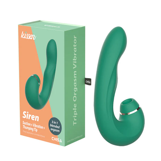 Vibrador Siren Green con caja original, diseño doble con succión, vibración y tapping en color verde