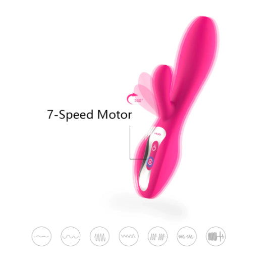 Imagen ilustrativa del vibrador Softs con texto sobre su motor de 7 velocidades y modos de vibración.