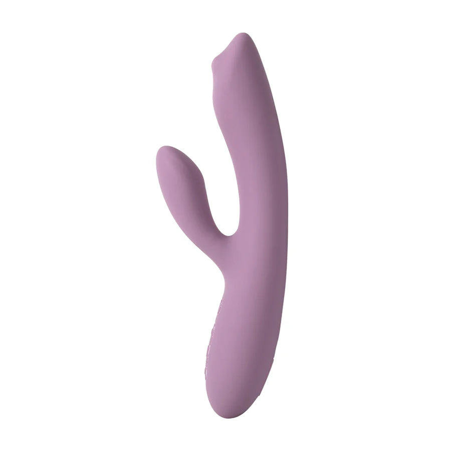 Vibrador Trysta NEO lila en silicona grado médico con diseño curvo para estimular punto G y clítoris.
