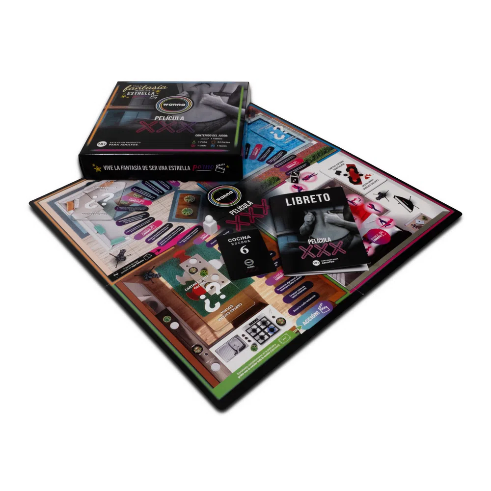 Imagen del juego de mesa 'Wanna Película XXX': un juego para adultos que incluye un tablero, cartas, un dado, una ficha y un guion para explorar nuevas fantasías en pareja.