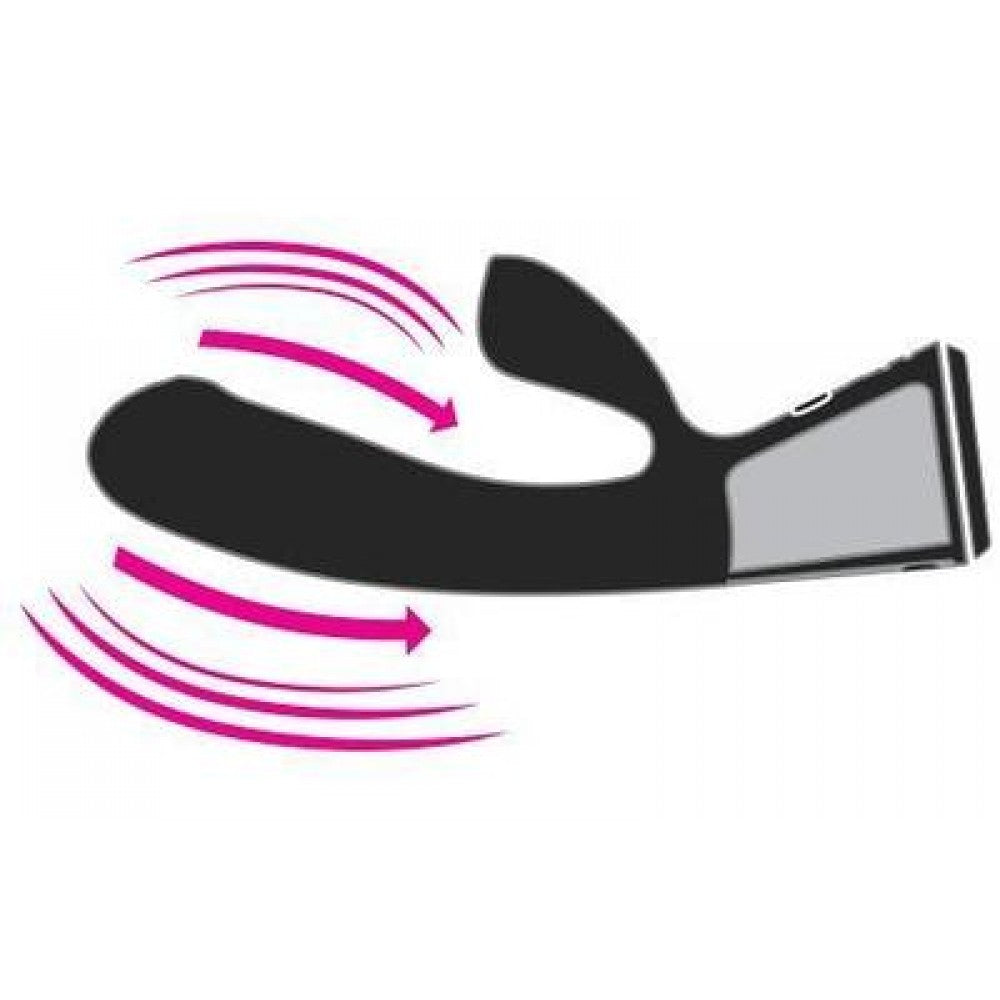 Ilustración del vibrador Ohmibod Fuse mostrando el movimiento de doble estimulación para clítoris y punto G con flechas indicativas de vibración